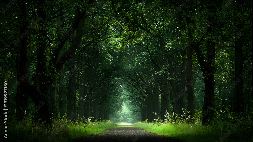 Obraz premium Enchanted Forest Path At Night Illuminated By Bioluminescent Fireflies Glowing Green Landscape With Trees And Soft Light