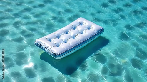 Relaxing inflatable mattress floats on turquoise water. Perfect for summer vacation, pool, beach, or travel imagery.