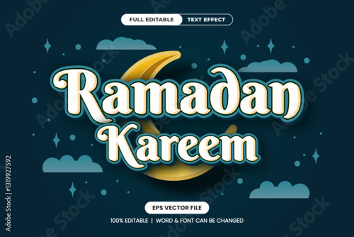 Ramadan Kareem editable text effect with a golden crescent moon and night sky theme. Perfect for Islamic greeting designs, social media, and festive projects