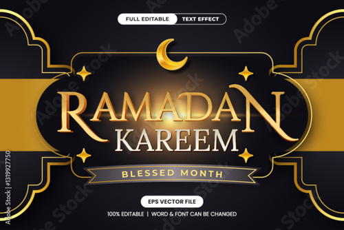 Ramadan Kareem editable text effect, font graphic style with a golden theme, crescent moon, and decorative Islamic elements. Perfect for greeting cards, social media, and festive designs