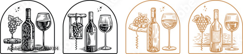 set of  Wine drink concept bottle of wineglass in a table vector, engraving sketch ink poster black illustration etching style tattoo, color blobs logo Wine, Wineglass, Bottle, golden color, Drink