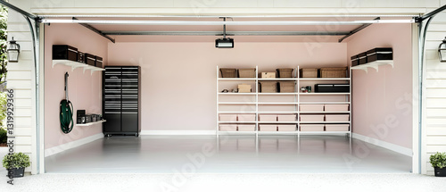 Modern Organized Garage Interior With Pink Walls White Shelving And Grey Floor In Suburban Home