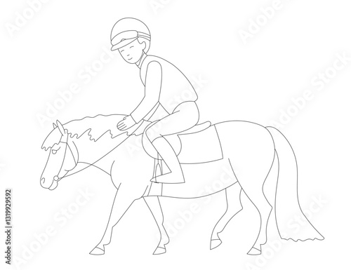 Young jockey on a pony in a simple black and white line drawing, wearing a horse racing outfit