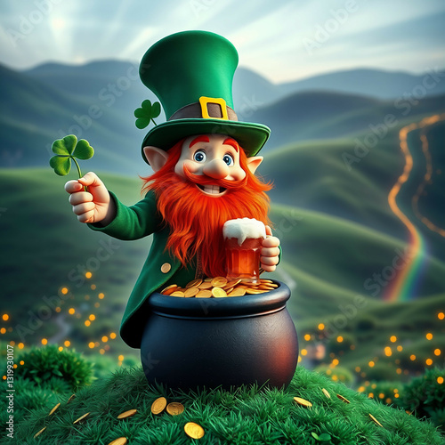 Cheerful Lucky leprechaun in a green hat stands on a pot of gold coins with a mug of beer on a rainbow-St. Patrick’s Day