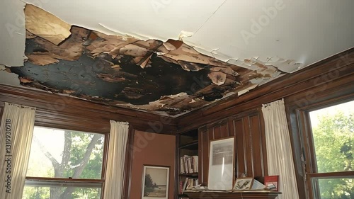 Damaged ceiling in a vintage room. Water damage, fire damage, or neglect.  Restoration needed.
