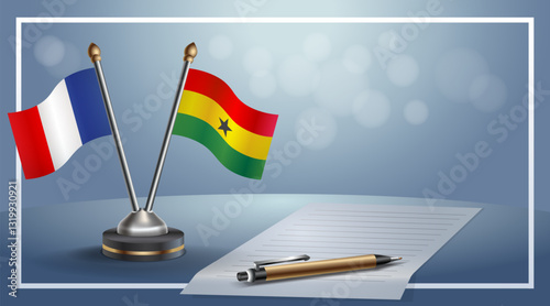 France and Ghana National flags on small table with bokeh background, cooperative relationship. Template vector Illustration