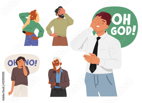 People cartoon characters making facepalm gesture expressing anxiety and stress isolated set