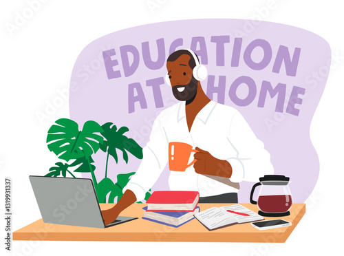 Man cartoon character engaged in education at home using laptop computer for studying scene