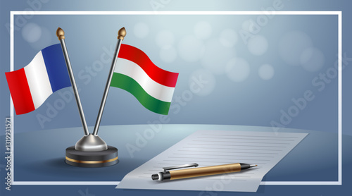 France and Hungary National flags on small table with bokeh background, cooperative relationship. Template vector Illustration