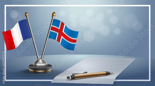 France and Iceland National flags on small table with bokeh background, cooperative relationship. Template vector Illustration