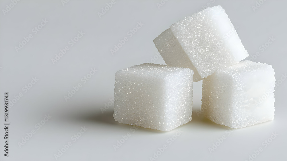 Three White Sugar Cubes On A Bright White Background In A Simple Minimalist Food Photography Style Three White Sugar Cubes On A Bright White Background In A Simple Minimalist Food Photography Style