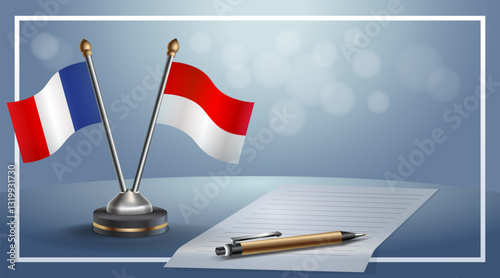 France and Indonesia National flags on small table with bokeh background, cooperative relationship. Template vector Illustration
