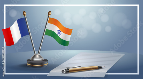 France and India National flags on small table with bokeh background, cooperative relationship. Template vector Illustration