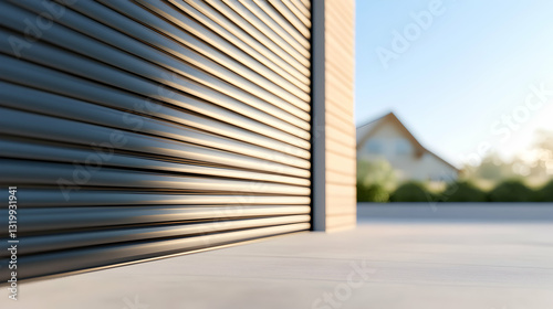 A modern garage door with sleek lines and textures  set against a blurred background of a suburban home  offering a contemporary feel and architectural elegance.