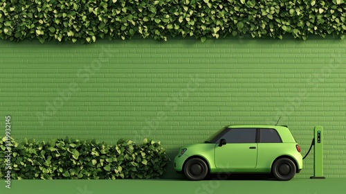 A green car parked beside a wall covered in lush greenery, symbolizing eco-friendliness and sustainable transportation.