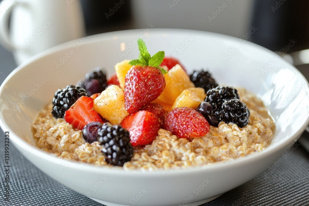 A bowl of oatmeal topped with fresh strawberries, blackberries, and diced fruit, garnished with a mint leaf, set on a stylish dining table. A bowl of oatmeal topped with fresh strawberries, blackberries, and diced fruit, garnished with a mint leaf, set on a stylish dining table.