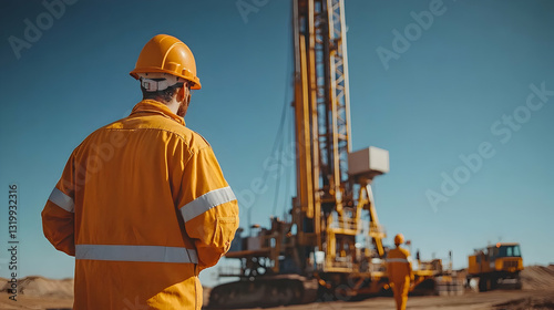 Construction Worker Overseeing Drilling Rig Operation on a Construction Site Wearing Orange Safety Gear Under Clear Blue Sky