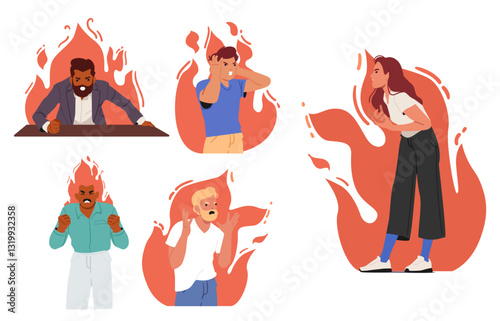 People in flame of fire quarreling during aggressive conflict or disagreement bickering and shouting