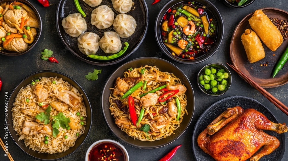 A colorful spread of various Chinese dishes features dumplings, stir-fried vegetables, and savory fried rice, all beautifully arranged on dark plates that celebrate rich culinary traditions A colorful spread of various Chinese dishes features dumplings, stir-fried vegetables, and savory fried rice, all beautifully arranged on dark plates that celebrate rich culinary traditions