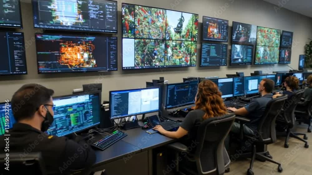 Modern Control Room with Operators Monitoring Screens