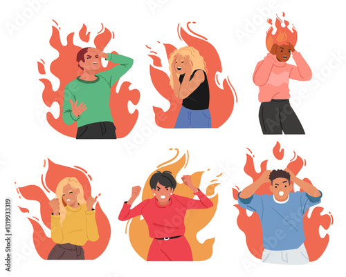 Angry people in flame shouting and screaming feeling emotional stress isolated set on white