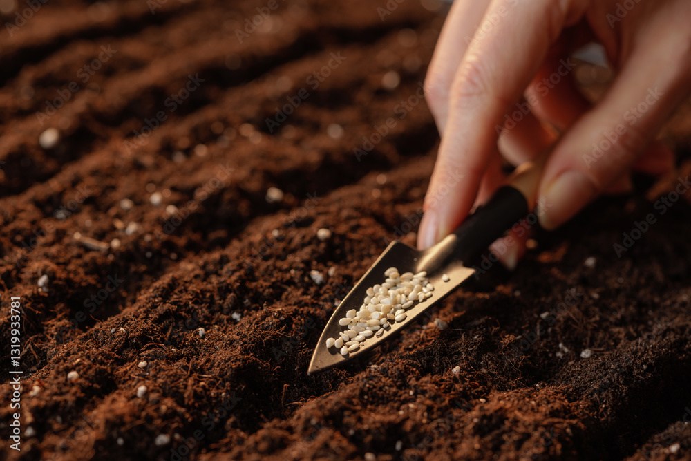 Close up of hand planting sesame seeds in soil using small garden tool. agribusiness concept Close up of hand planting sesame seeds in soil using small garden tool. agribusiness concept