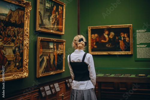 Dresden, Germany - December 25, 2024: Stylish Elegant Lady Visitor Tourist in Fashionable Outfit Admiring Masterpieces and Famous Paintings in Art Gallery Museum

