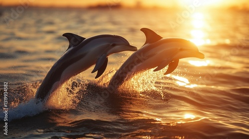 Dolphins leap ocean sunset