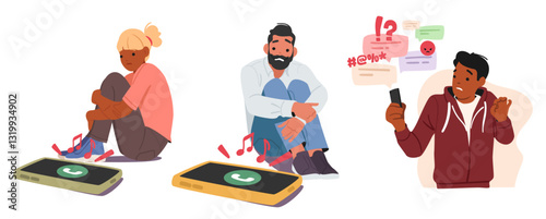 Scared people cartoon characters feeling fear to speak with people by smartphone isolated set