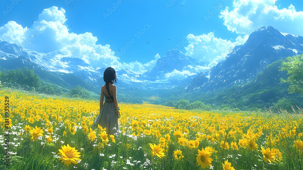 Fototapeta premium Contemplative figure overlooking vibrant floral field and mountain scenery