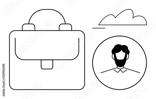 Briefcase, profile avatar of a man, and a cloud in simple black line art. Ideal for business, professionalism, career, work-life balance, technology user identity networking. Flat simple metaphor