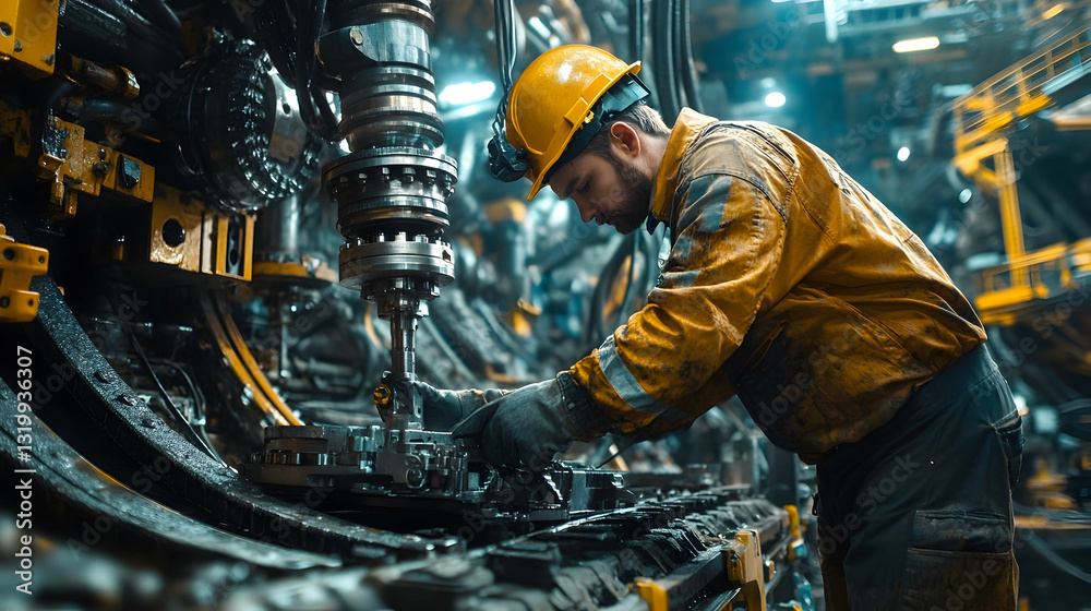 Industrial Worker in Yellow Hardhat Inspecting Machinery at a Manufacturing Plant Focused on Precision and Assembly with Safety and Automation Elements Industrial Worker in Yellow Hardhat Inspecting Machinery at a Manufacturing Plant Focused on Precision and Assembly with Safety and Automation Elements