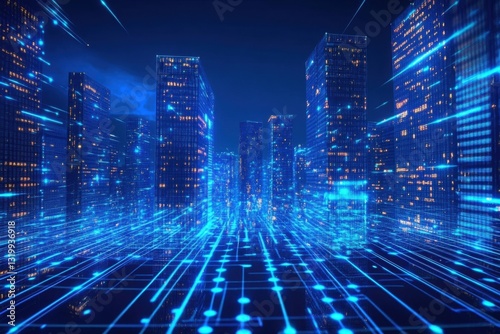 Abstract Tech City With Matrix-Style Digital Lights / Cyber City Of Blue Data Streams. 