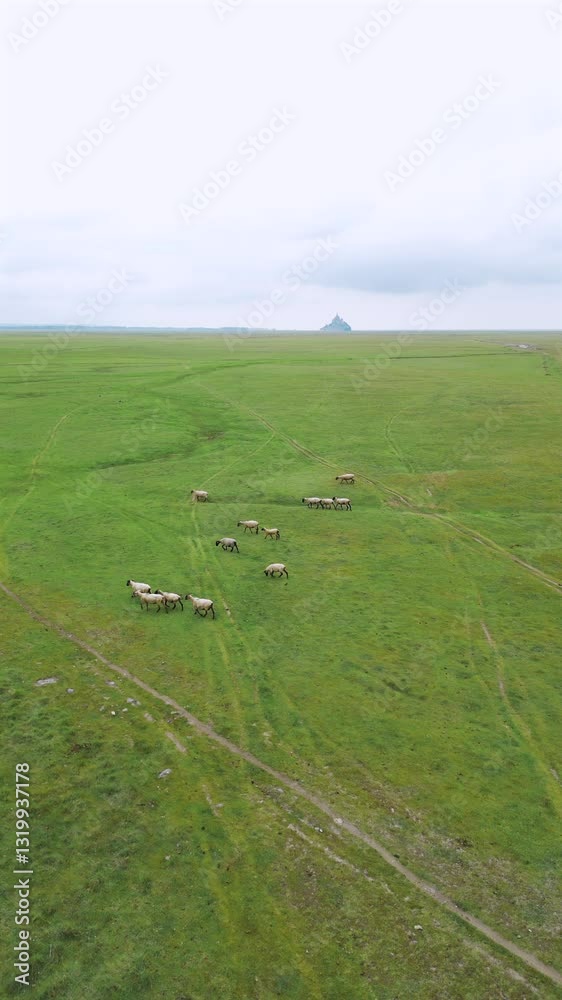 Peaceful Flock of Sheep Grazing on Green Fields with Mont Saint-Michel in the Background - Vertical drone video in 4k 50fps Peaceful Flock of Sheep Grazing on Green Fields with Mont Saint-Michel in the Background - Vertical drone video in 4k 50fps