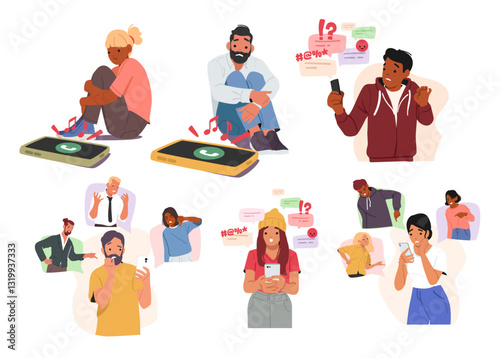 Scared people diverse cartoon character with smartphone feeling fear and stress isolated set