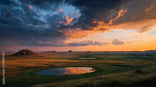 Dramatic Sunset Over A Vast Field With Dark Clouds And A Tranquil Lake Reflecting The Golden Light