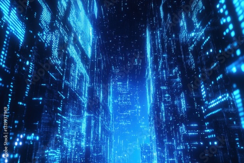 Abstract Tech City With Matrix-Style Digital Lights / Cyber City Of Blue Data Streams. 