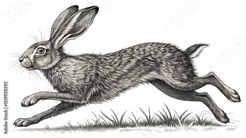 a detailed illustration of a running rabbit. The rabbit is depicted in shades of grey, showcasing its fur and long ears 