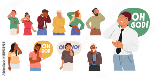 Diverse people cartoon characters facepalm gesture showcasing different emotions and reactions set