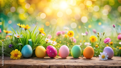 Colorful easter eggs beautifully arranged on a rustic wooden surface, surrounded by vibrant flowers and a blurred sunny background
