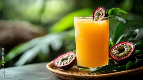 Refreshing Passion Fruit Juice with Tropical Greenery Background photo