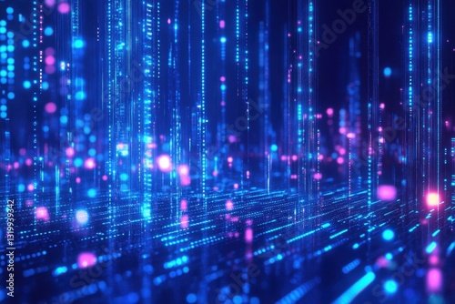 Abstract Tech City With Matrix-Style Digital Lights / Cyber City Of Blue Data Streams. 