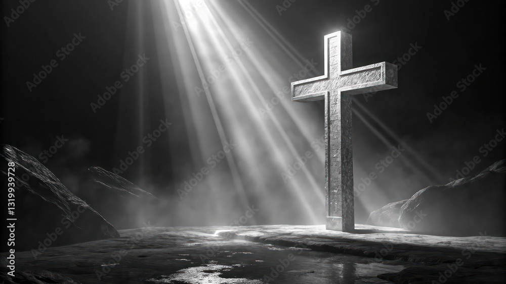 Naklejka premium a cross illuminated by a beam of light, symbolizing faith, hope, and spirituality