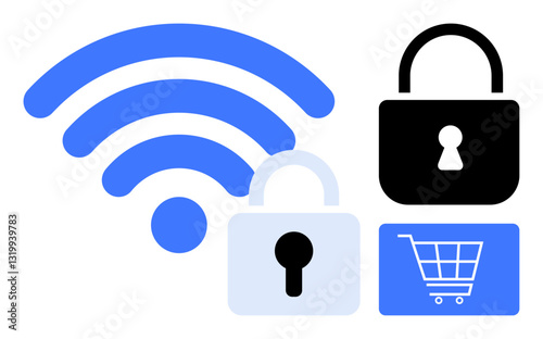 wireless signal with padlocks and shopping cart emphasizing internet security, online shopping safety, and data protection. Ideal for cybersecurity, e-commerce, authentication, connectivity, privacy