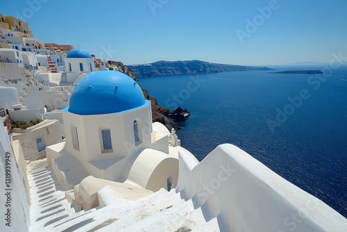 Santorini's Marvel: A sun-drenched vista of Santorini, Greece, showcases the iconic blue-domed churches cascading down the cliffside towards the vibrant, azure sea under a clear, cloudless sky.