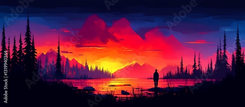 Person Watching Colorful Sunset Over Mountain Lake with Pine Trees
