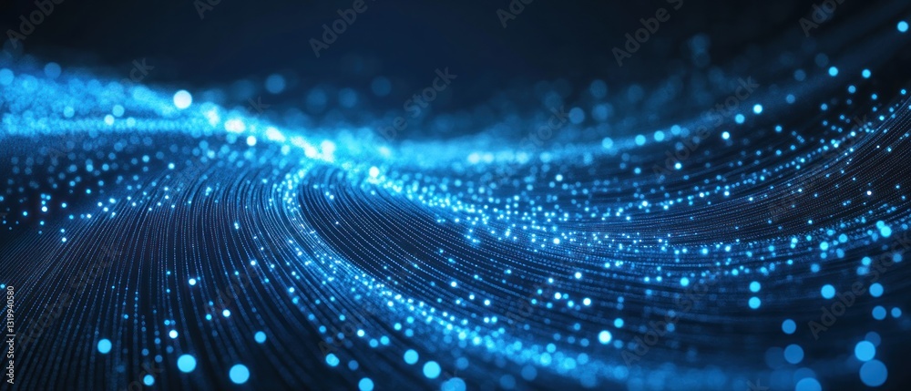 Abstract blue wave of glowing particles flowing through a dark background, creating a sense of movement and depth Abstract blue wave of glowing particles flowing through a dark background, creating a sense of movement and depth