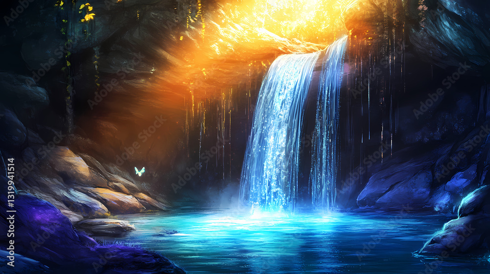 Naklejka premium Luminous water cascade behind a cave entrance, sunlight, illuminated cavern, radiant light. Luminous Cascade. Illustration