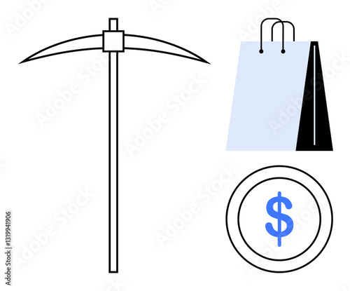 Pickaxe represents labor, shopping bag signifies commerce, and coin symbolizes money or profit. Ideal for concepts thumbs up labor, trade, economy, finance, retail, investment shopping flat simple