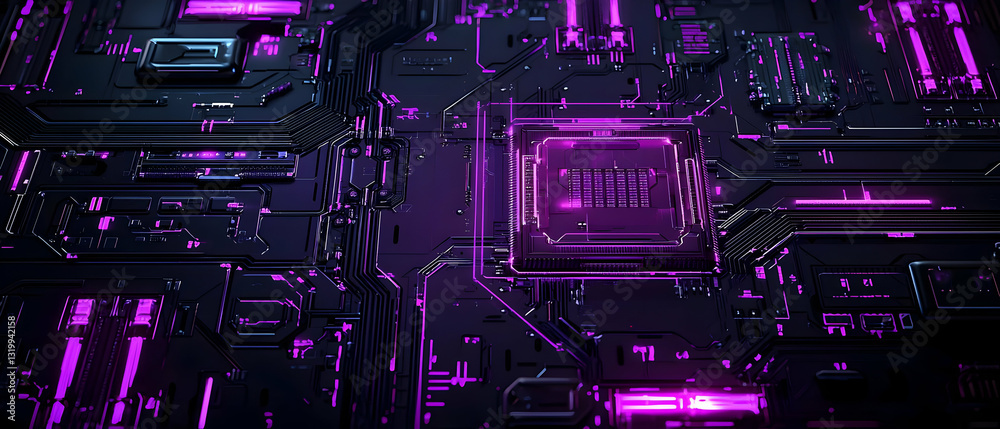 Intricate Circuit Board With Glowing Purple Lights And Complex Network Pattern In Dark Background